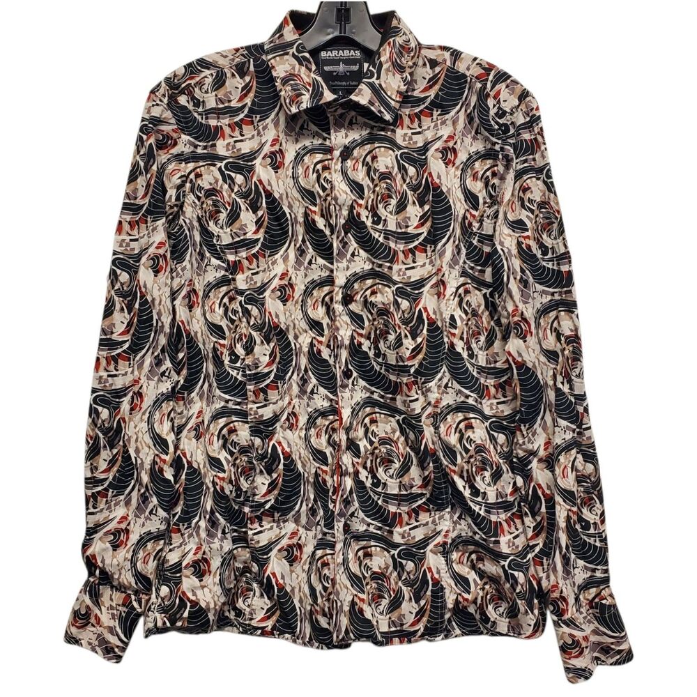 BARABAS Shirt Mens Large Black White Abstract Geometric All Over Print Button Up